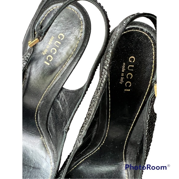🆕🆙 Gucci Black Suede Crystal Slingback Peep Toe Heels (mismatched size) - Picture 2 of 6
